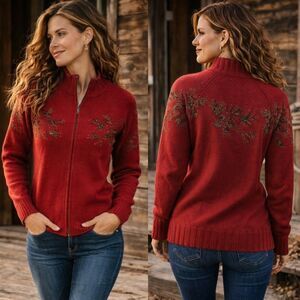 Woolrich Lambswool L Ruby Red Embroidered Zip Cardigan Sweater Rustic Academia